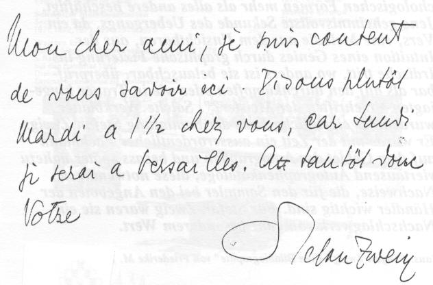 Handschriftlicher Brief von Stefan Zweig